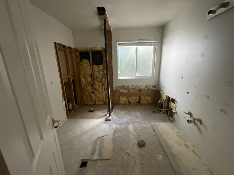 Bathroom during renovation: exposed framing and subfloor